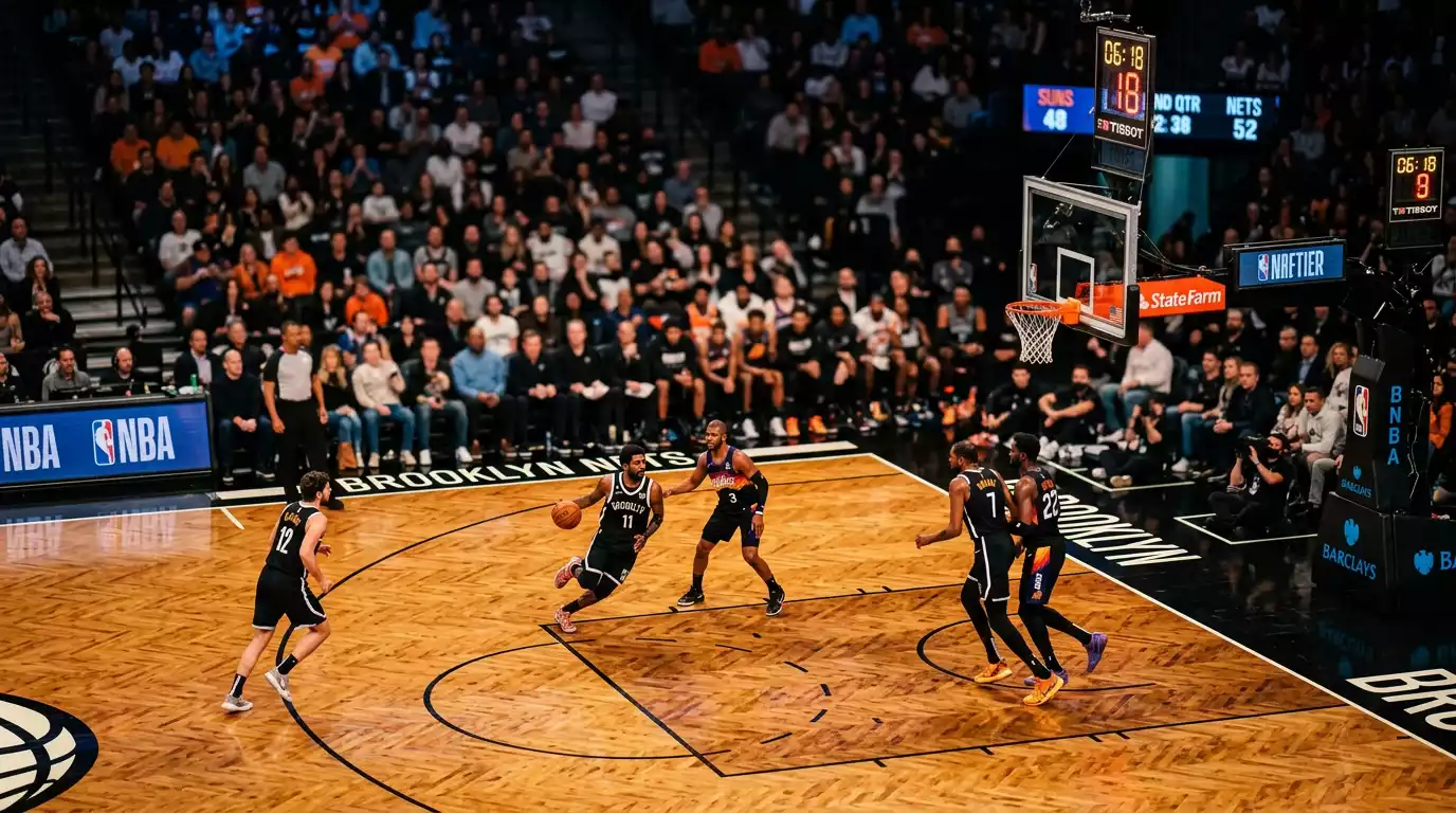 NBA basketball court with betting overlay showing spread, moneyline and totals markets