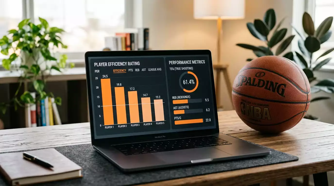 Basketball analytics dashboard showing efficiency metrics and team statistics