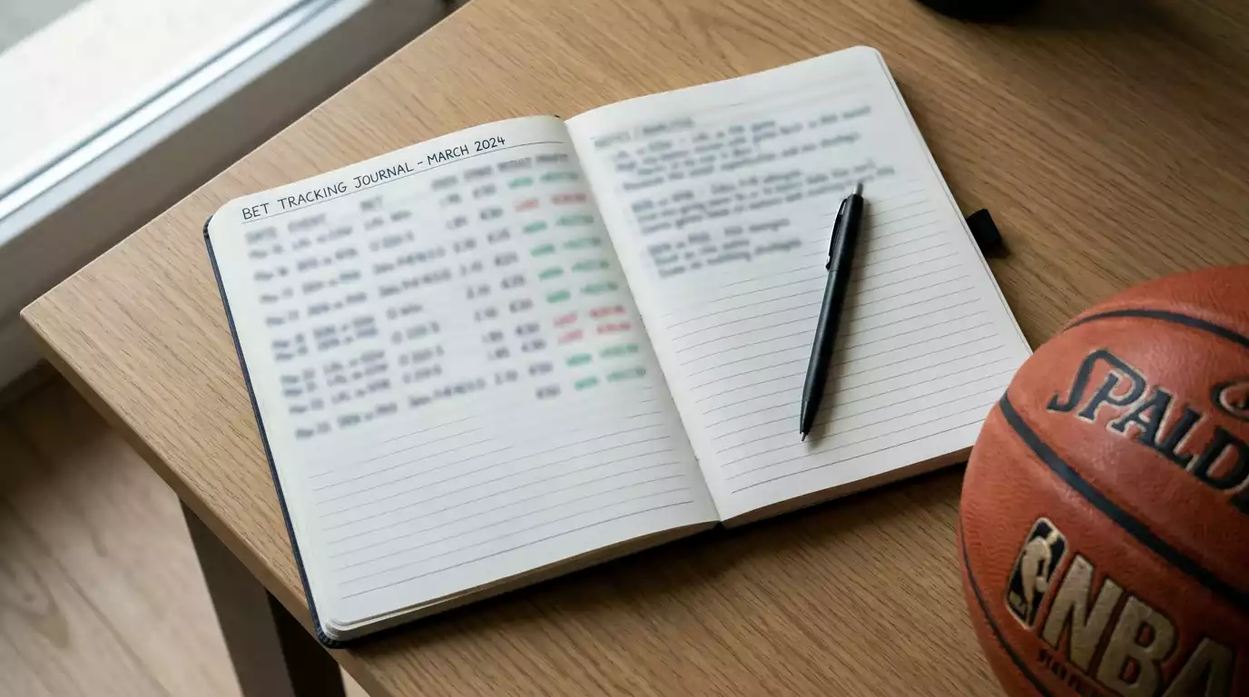 Notebook with basketball betting bankroll tracking and unit calculations