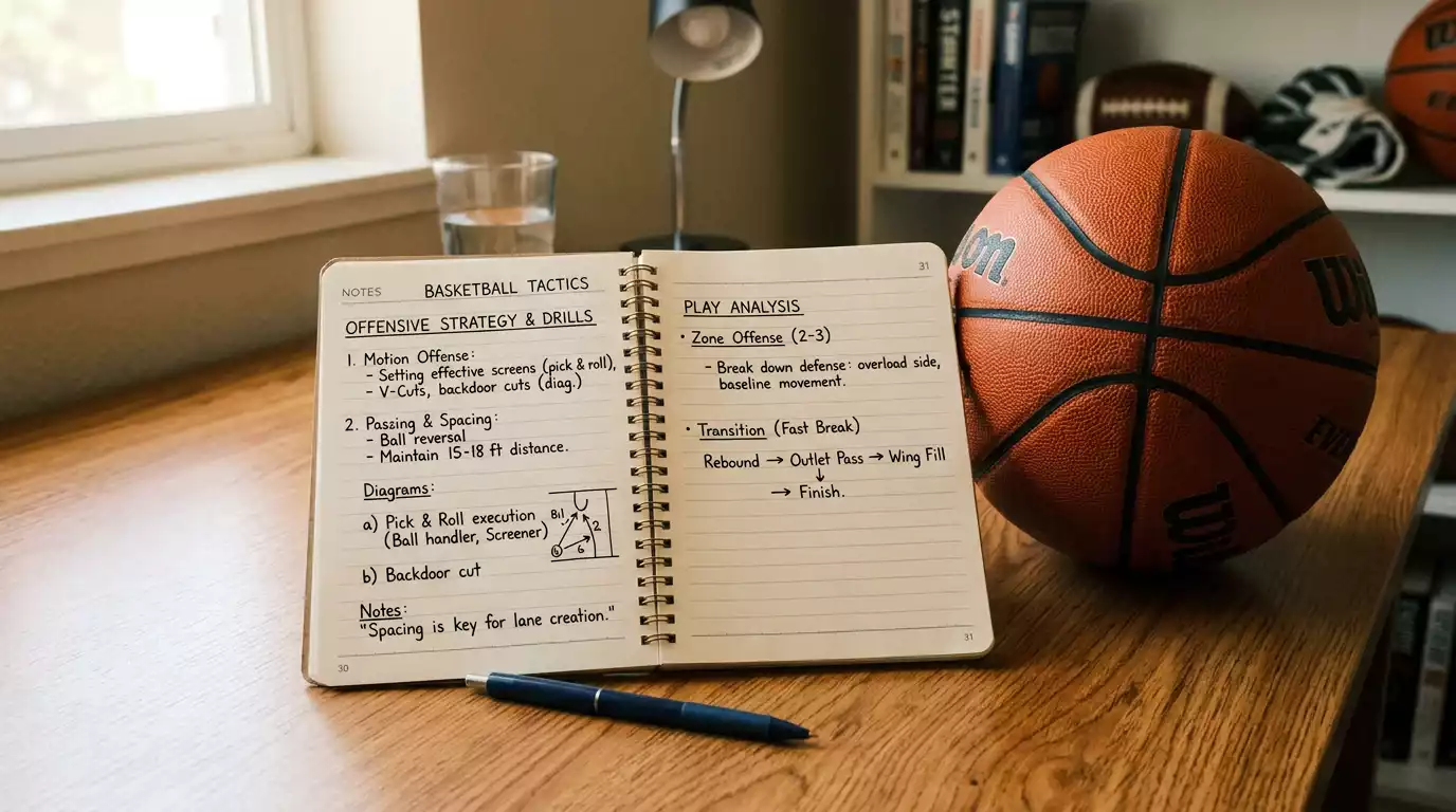 Open notebook with basketball terminology notes beside NBA basketball