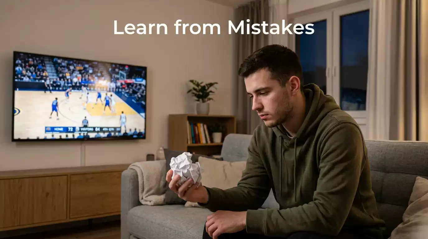 Basketball bettor reviewing betting slip with cautionary warning signs