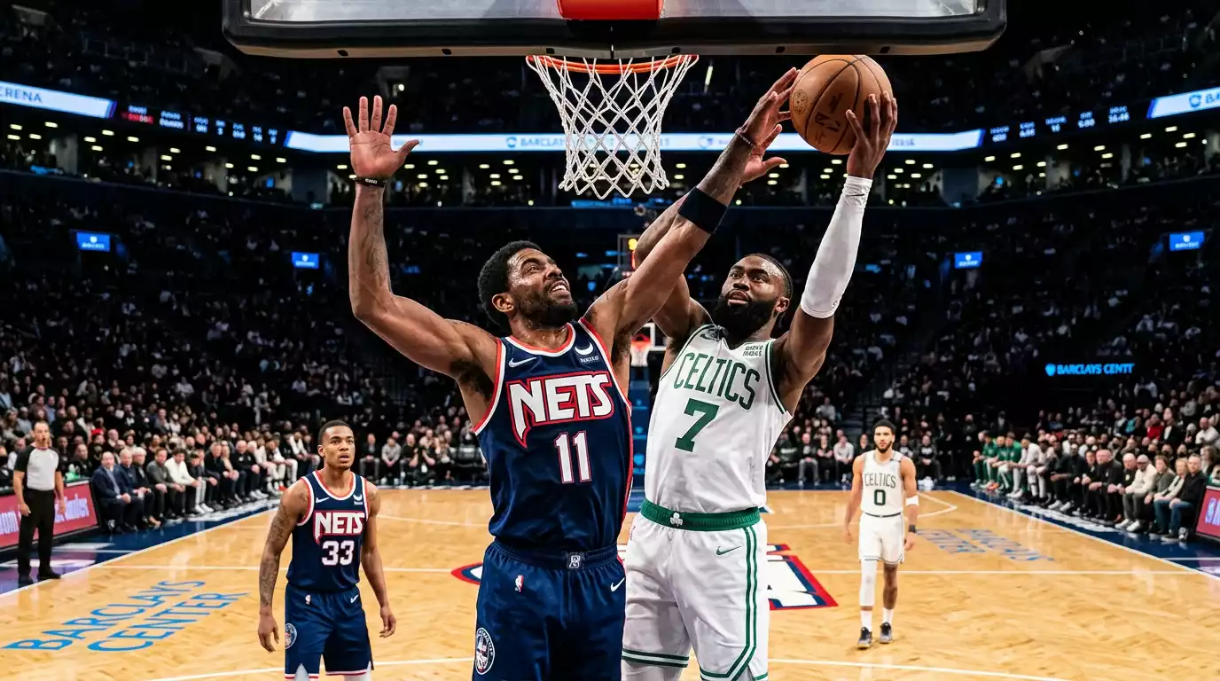 NBA defender contesting shot at the rim during professional basketball game