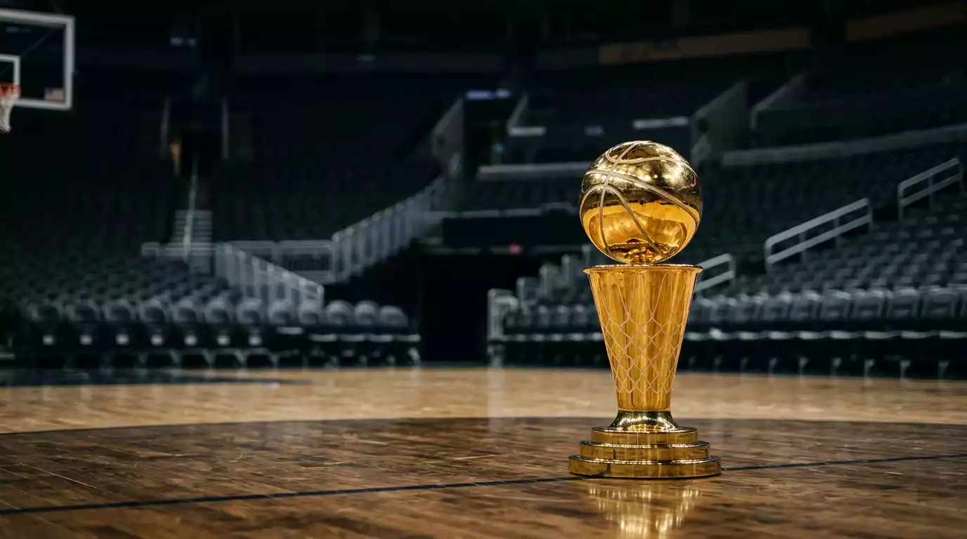 NBA championship trophy with basketball on court representing futures betting markets