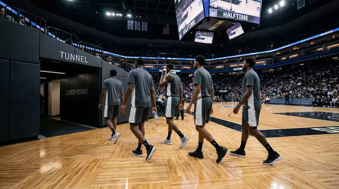 NBA players walking to locker room during halftime of professional basketball game
