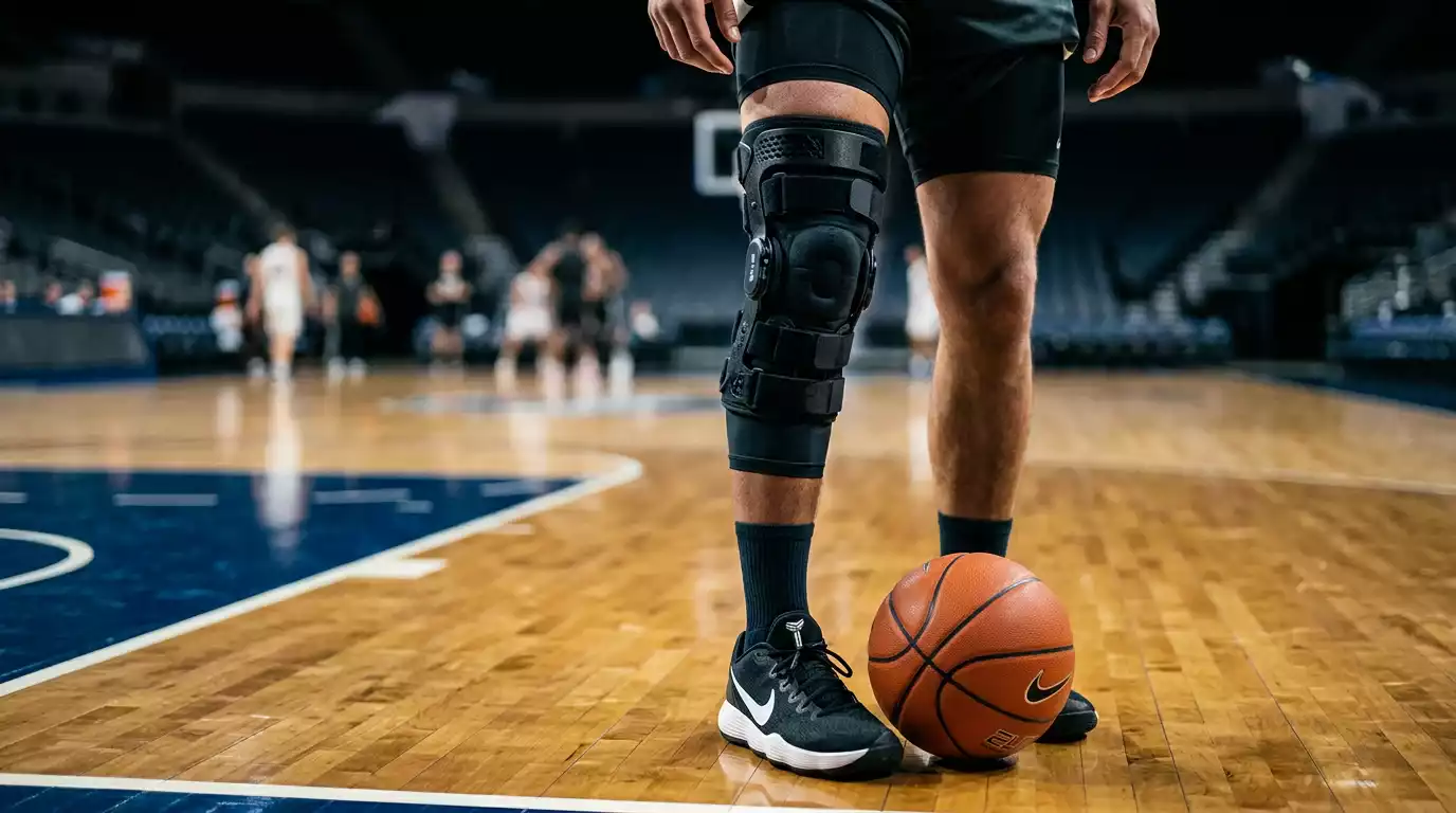 Basketball player with knee brace on NBA court representing injury impact on betting odds
