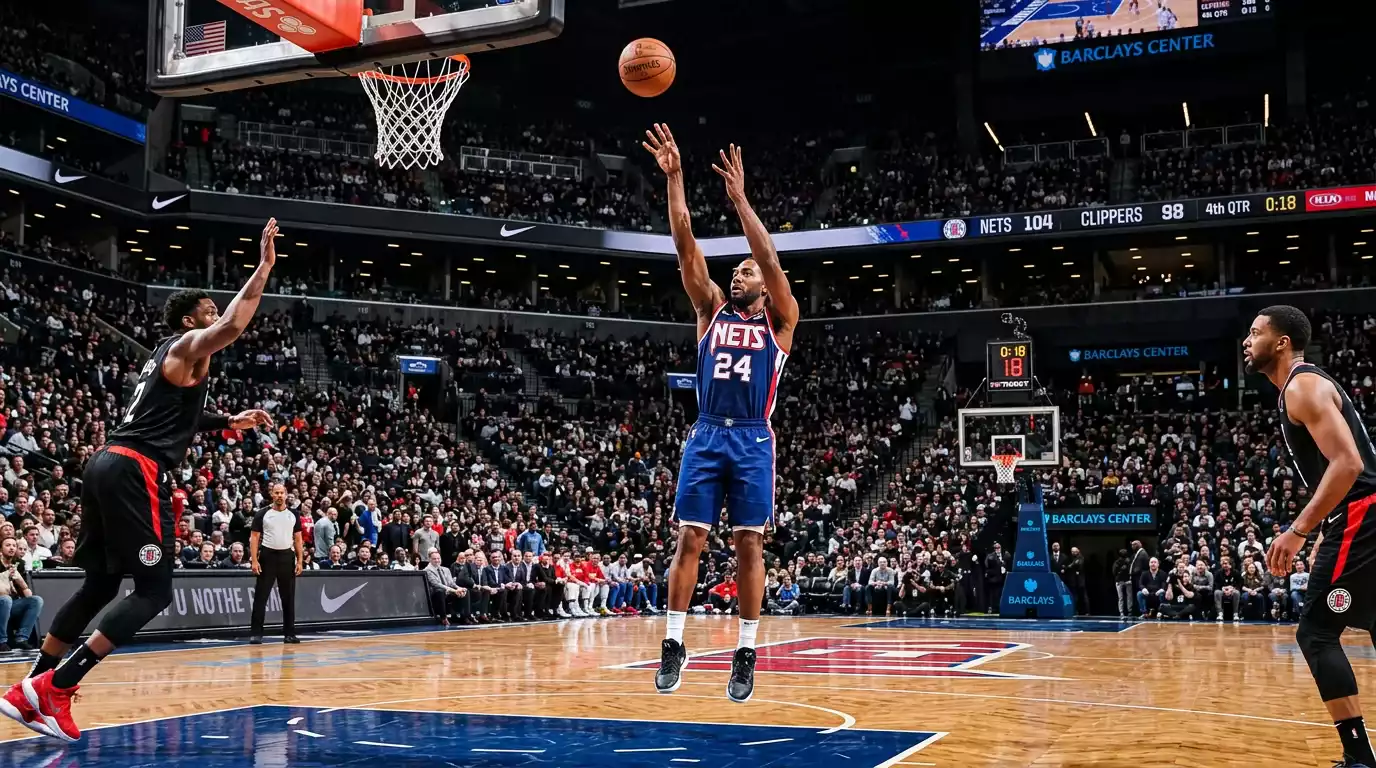 NBA player shooting basketball during offensive play on professional court