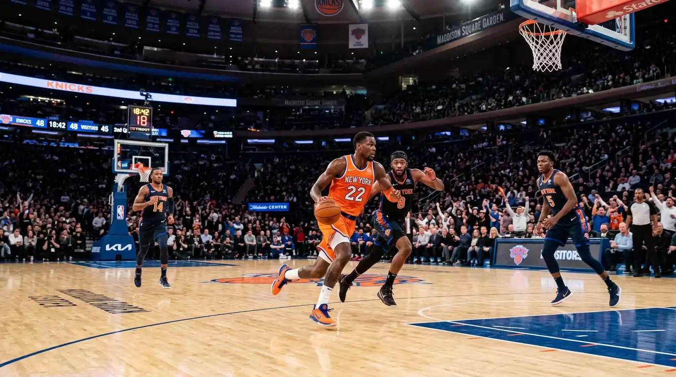 NBA players in fast break transition play on professional basketball court