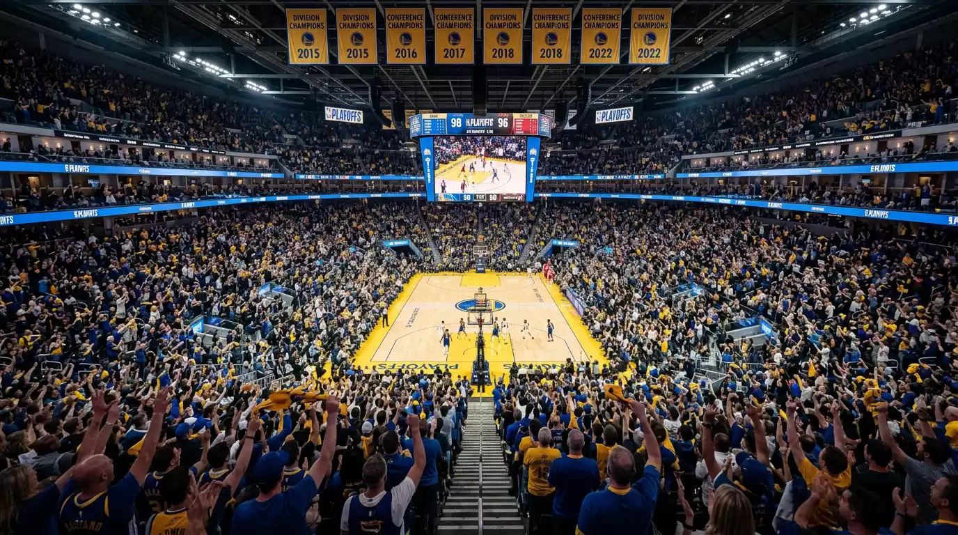 Packed basketball arena during NBA playoff game with intense atmosphere