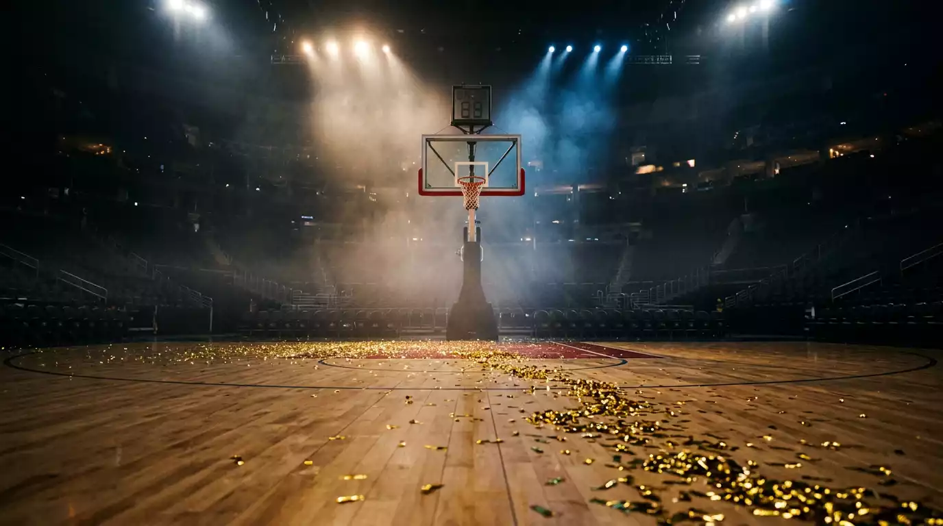 NBA playoff game atmosphere in packed arena with confetti representing postseason betting strategy
