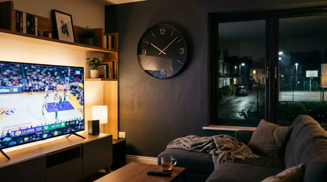 Clock showing UK time with basketball court in background for NBA viewing schedule