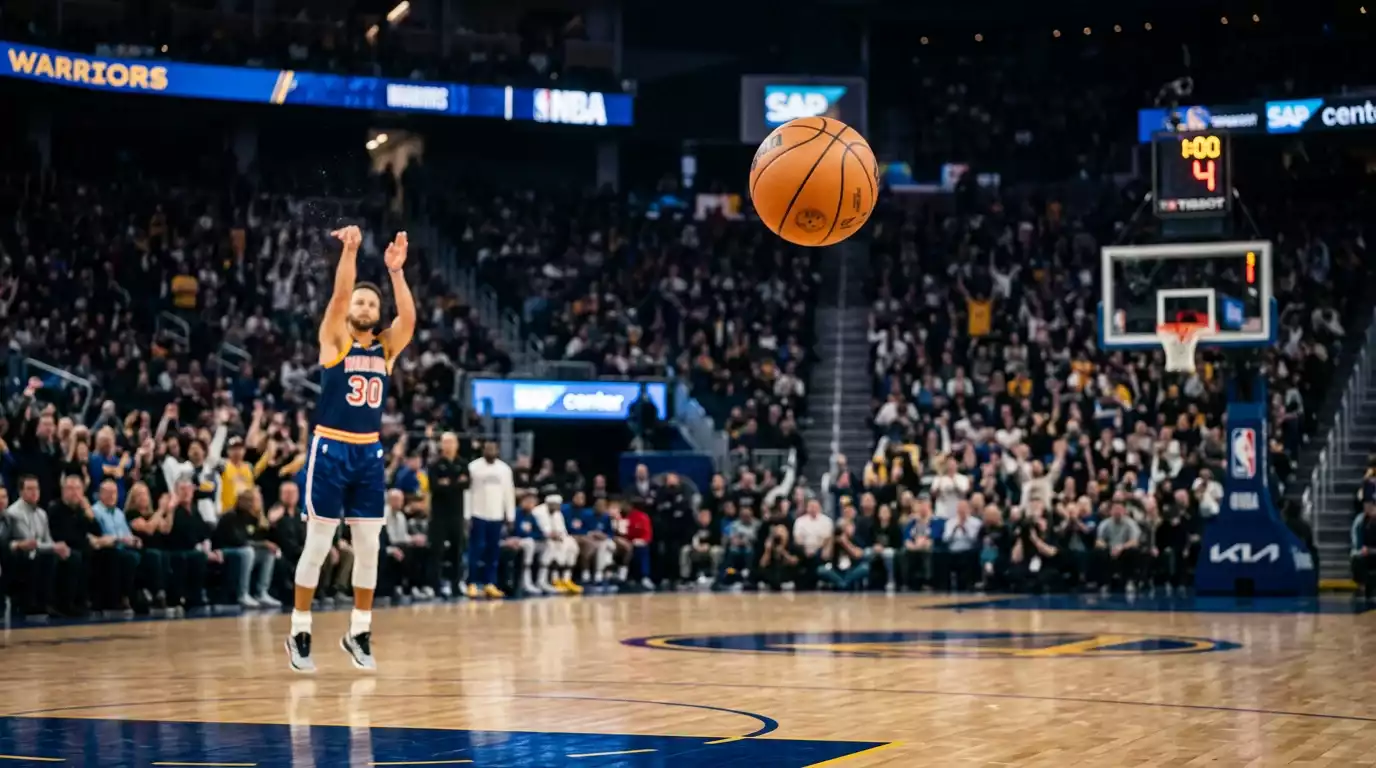 Basketball passing through net after successful three-point shot in NBA arena