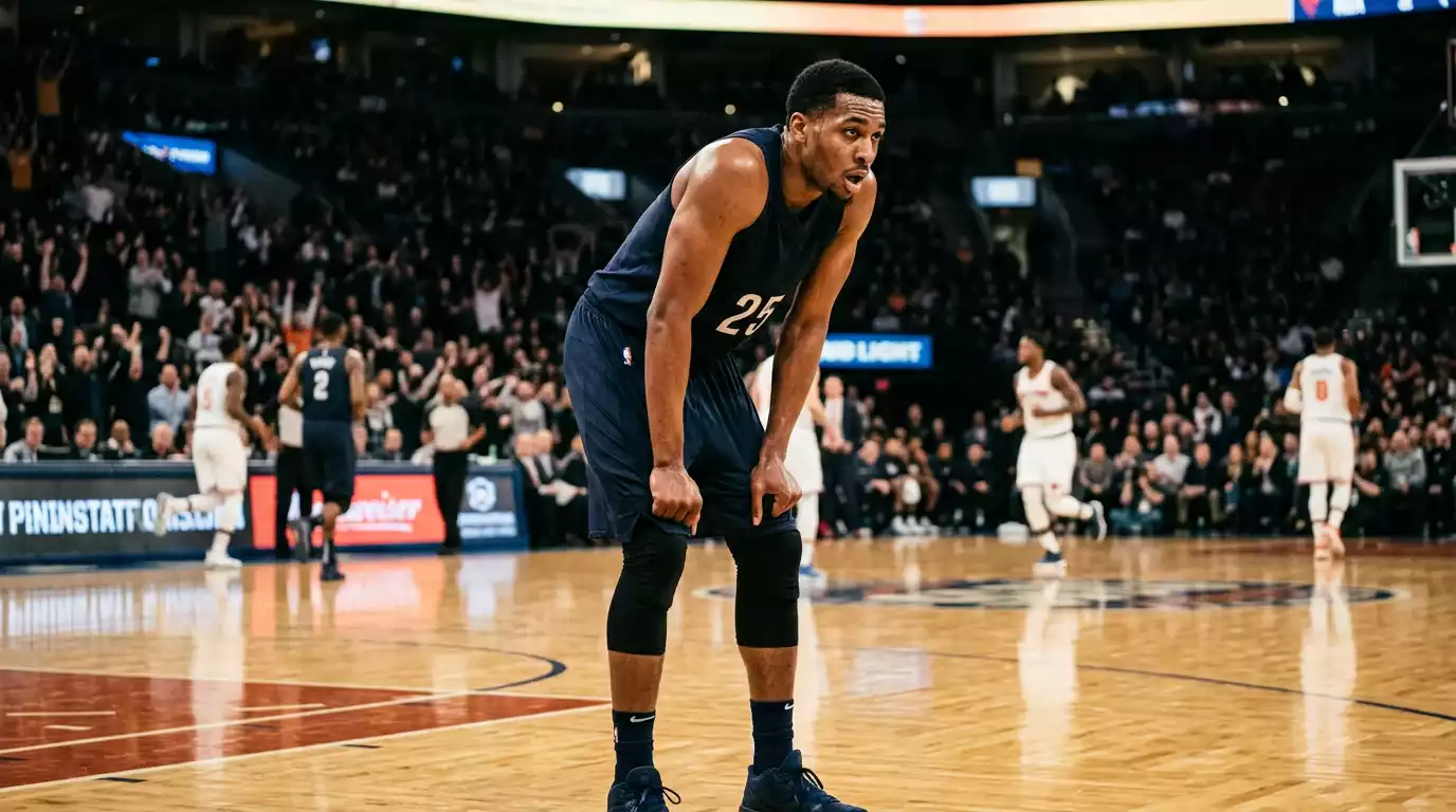 NBA player showing fatigue during late night road game on basketball court